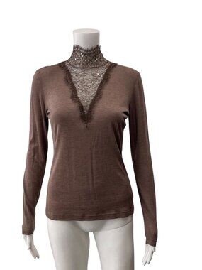 $890 Akris Brown Lace Turtleneck Slim Blouse Shirt size 6/FR 38
